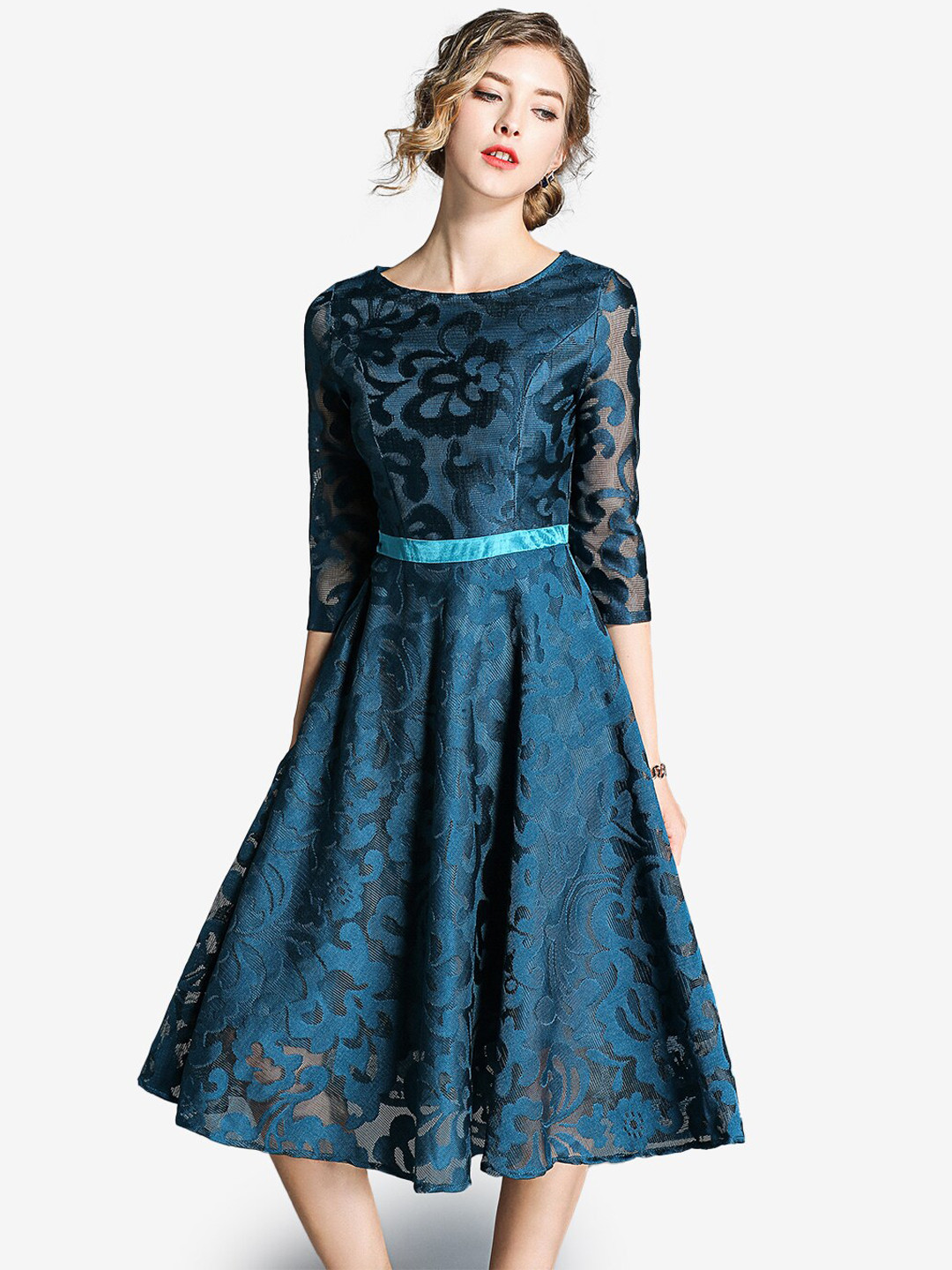 JC Collection Blue Floral Self Design Fit & Flare Dress