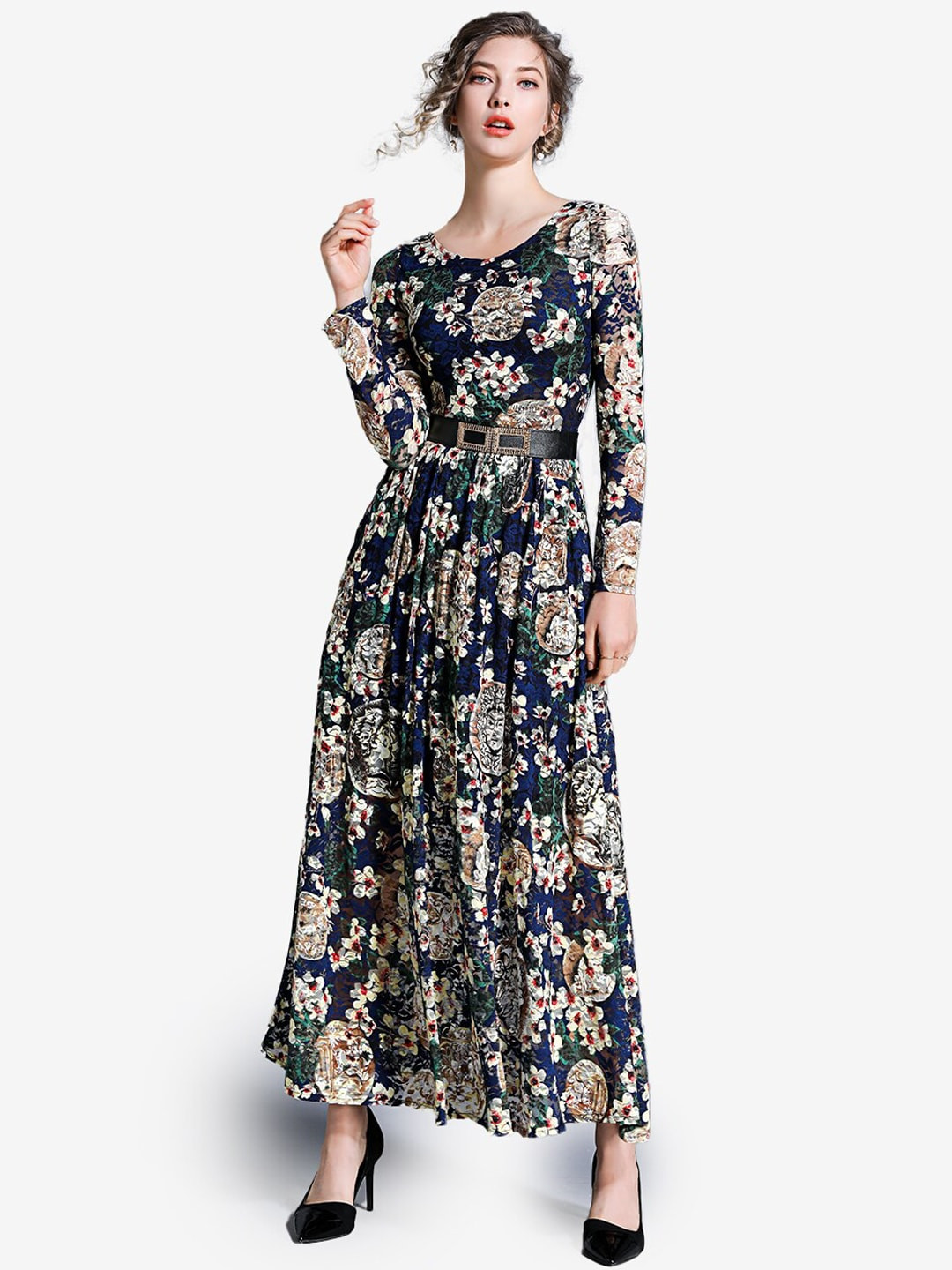 JC Collection Navy Blue & Beige Floral Pure Cotton Peplum Maxi Dress