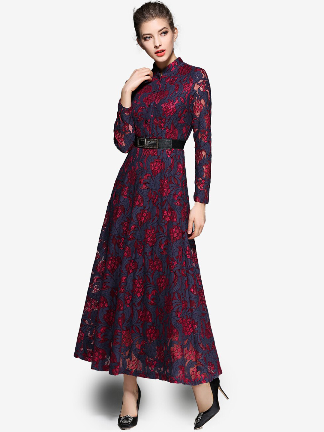 JC Collection Red & Blue Floral Lace Maxi Dress