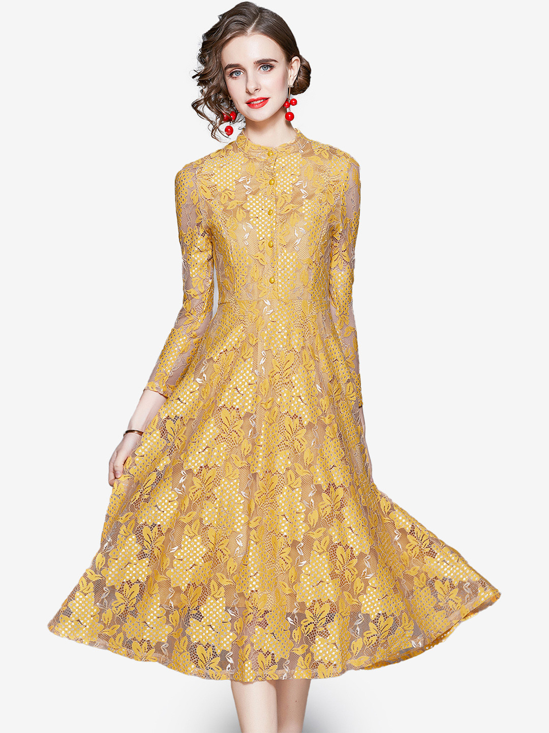 JC Collection Yellow & Beige Floral Lace Midi Dress