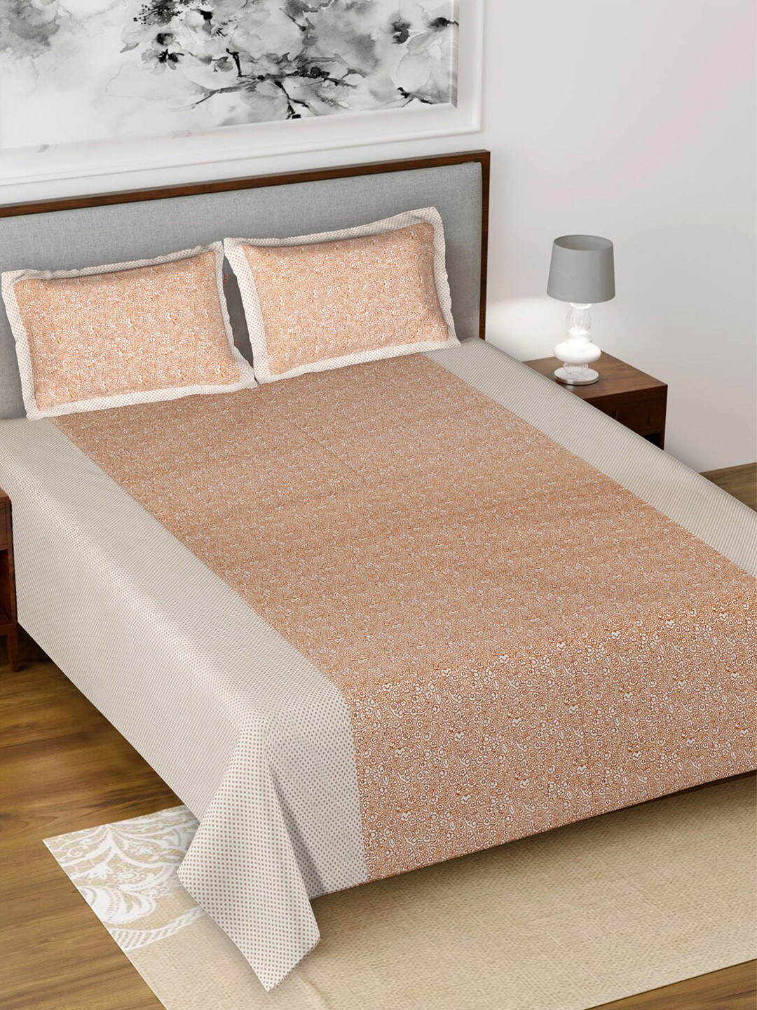 Kuber Industries Cream-Coloured & Orange Floral 144 TC King Bedsheet with 2 Pillow Covers