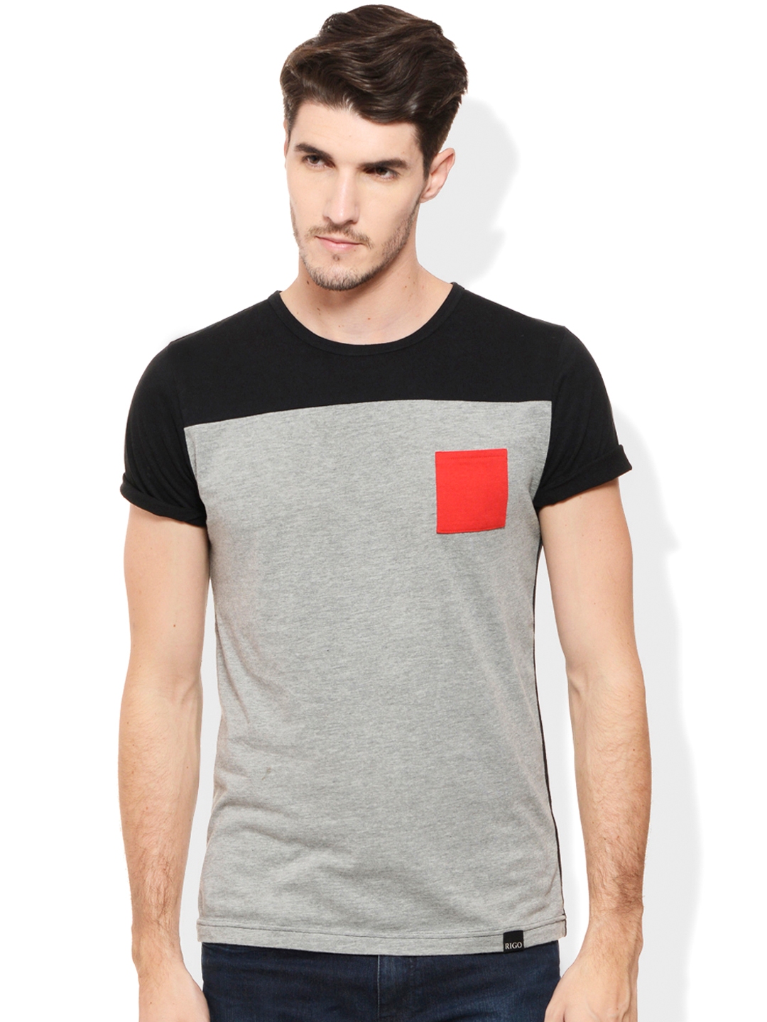 Buy Rigo Grey Melange & Black Colourblocked Smart Fit T Shirt