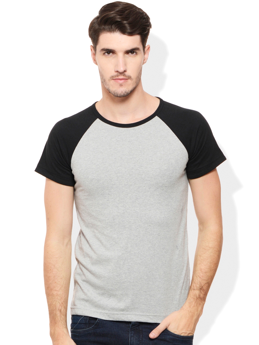 Buy Rigo Grey Melange & Black Colourblocked Smart Fit T Shirt