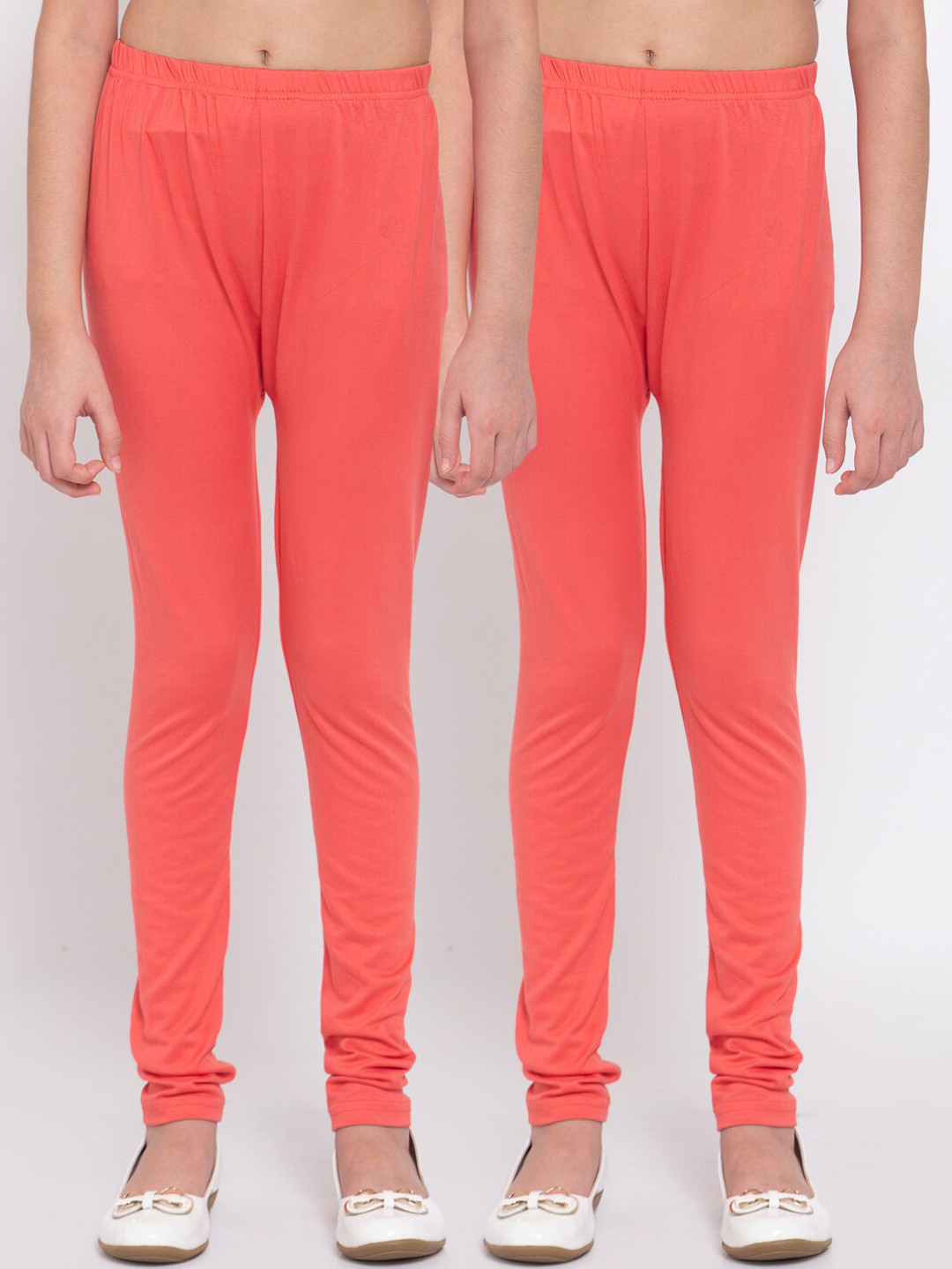 KLOTTHE Girls Pack Of 2 Peach-Coloured Solid Cotton Churidar-Length Leggings
