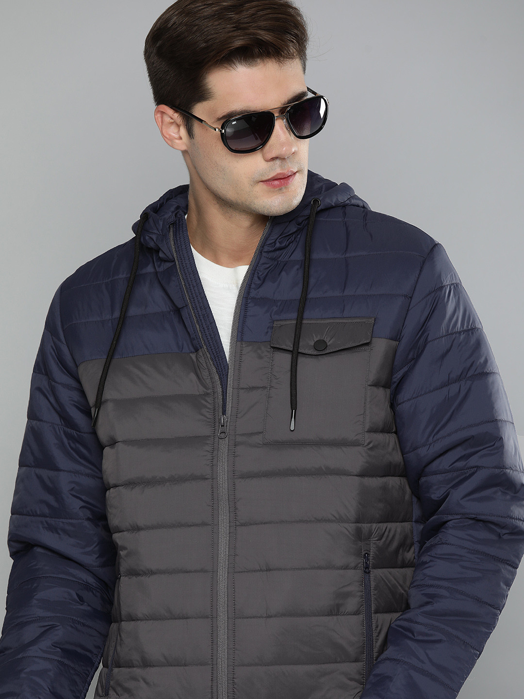 Indian Terrain Men Grey & Blue Colourblocked Insulator Puffer Jacket