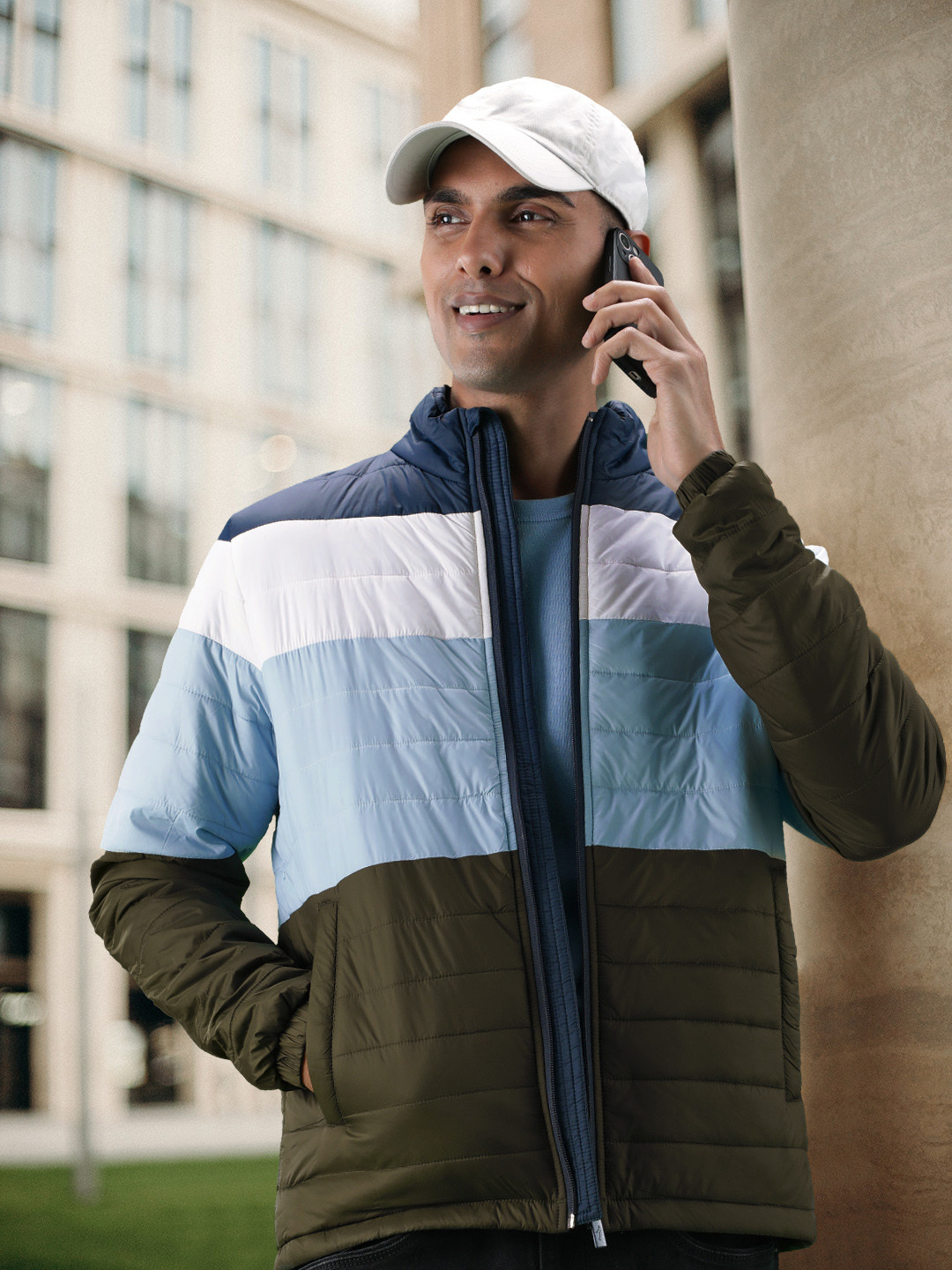 Indian Terrain Men Blue & Olive Green Colourblocked Puffer Jacket