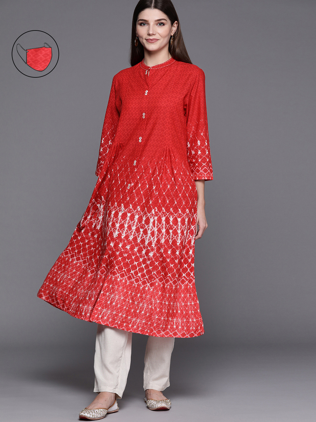 Biba Women Red & White Geometric Printed Kurta with Mask