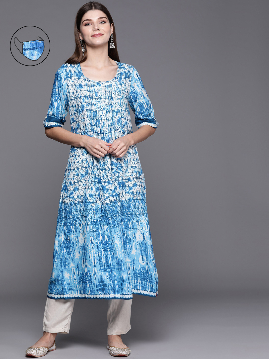 Biba Women Blue Dyed Kurta with Mask