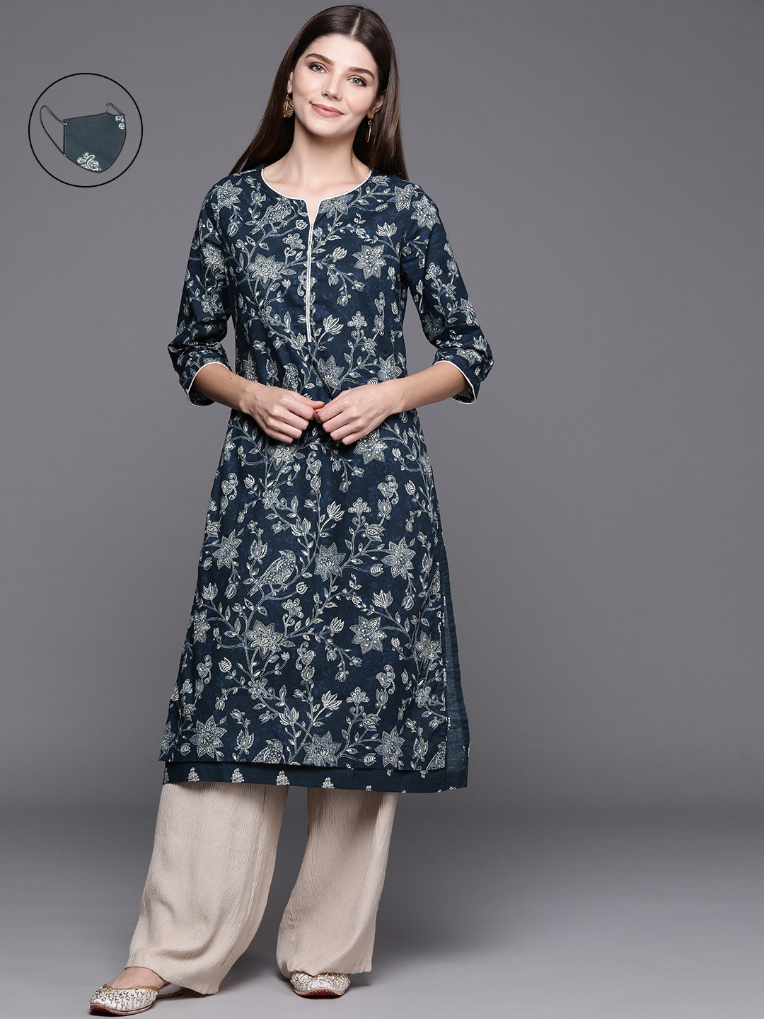 Biba Women Navy Blue & White Floral Printed Floral Kurta with Mask