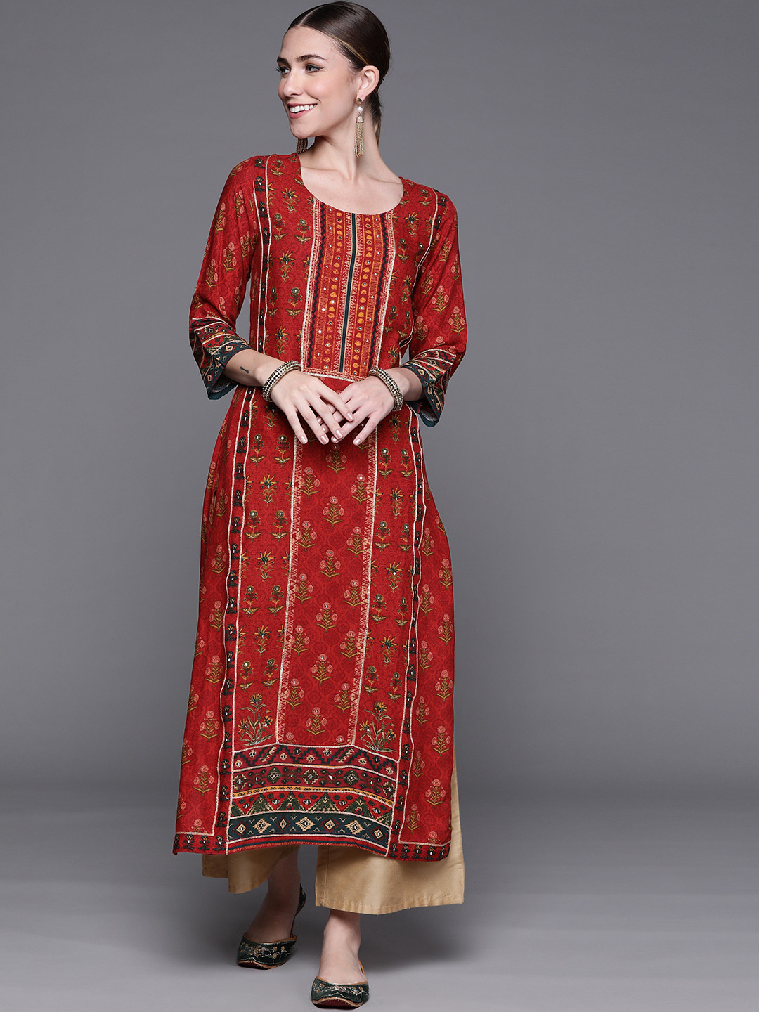 Biba Women Red & Mustard Yellow Ethnic Motifs Printed Straight Kurta