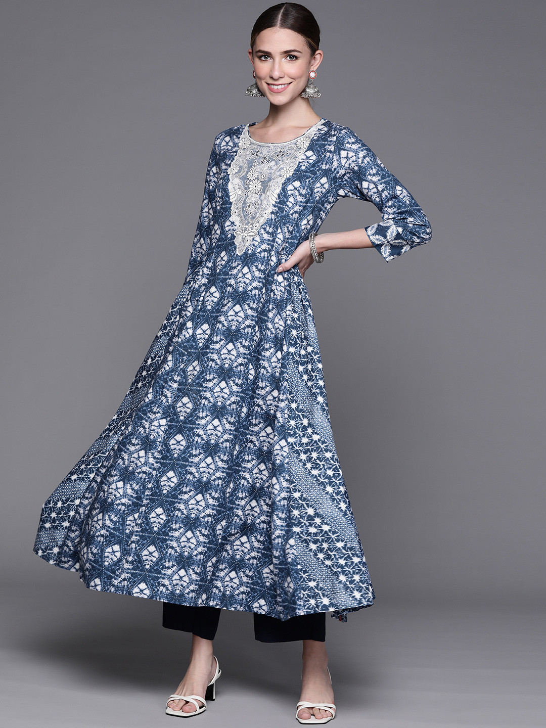 Biba Women Navy Blue & Off White Ethnic Motifs Dyed Thread Work Anarkali Kurta