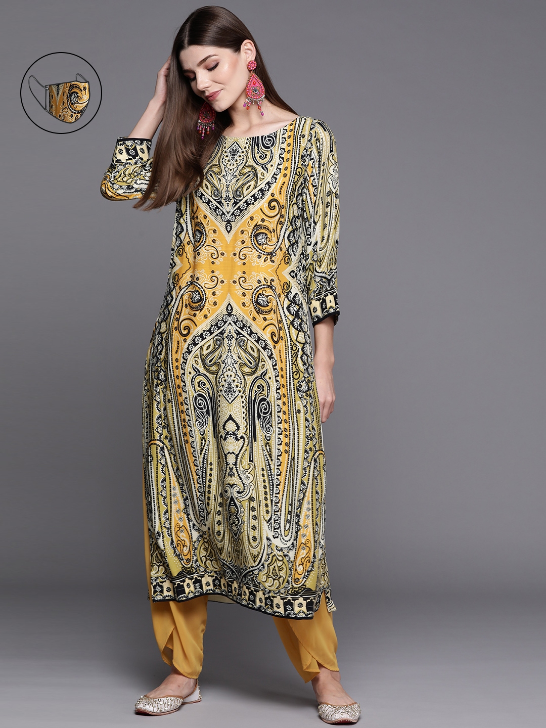 Buy Biba Women Mustard Yellow Ethnic Motifs Printed Kurta with Mask Kurtas for Women 14847136 Myntra