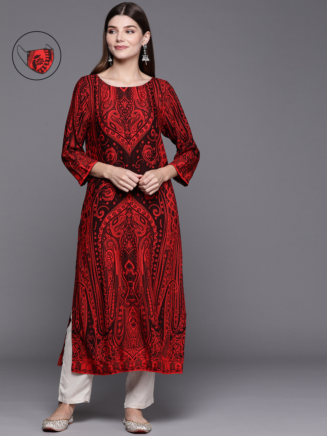 Biba Women Red Ethnic Motifs Printed Kurta with Mask