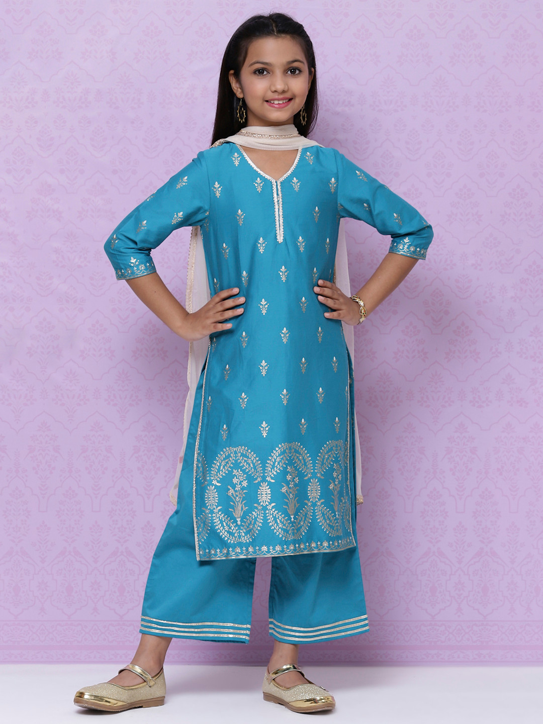 Biba Girls Teal Blue & Gold Ethnic Print Gotta Patti Straight Cotton Kurta Set & Dupatta