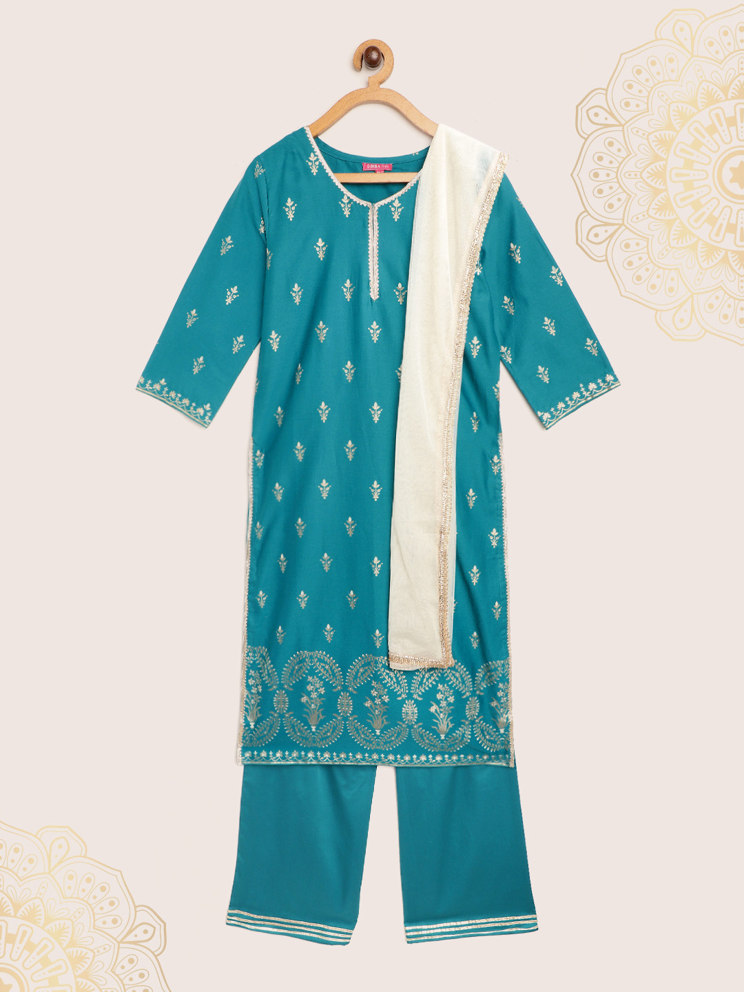 Biba Girls Teal Blue Printed Gotta Patti Cotton Kurta with Trousers & Dupatta