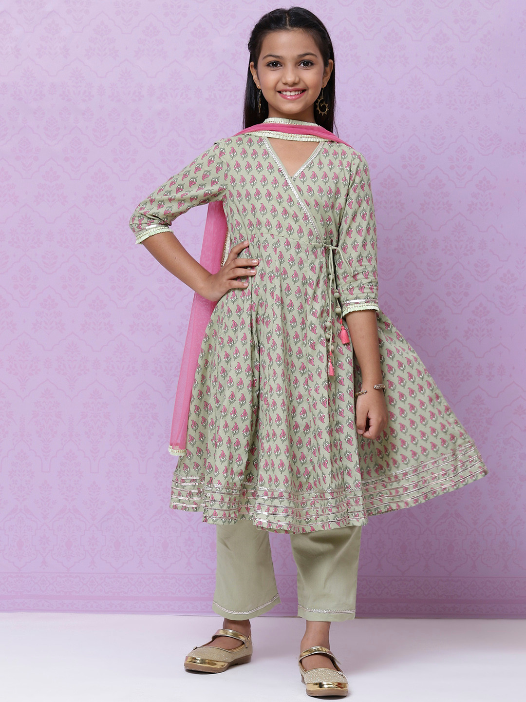 Biba Girls Mint Green & Pink Ethnic Printed Angrakha Cotton Kurta with Palazzos & Dupatta