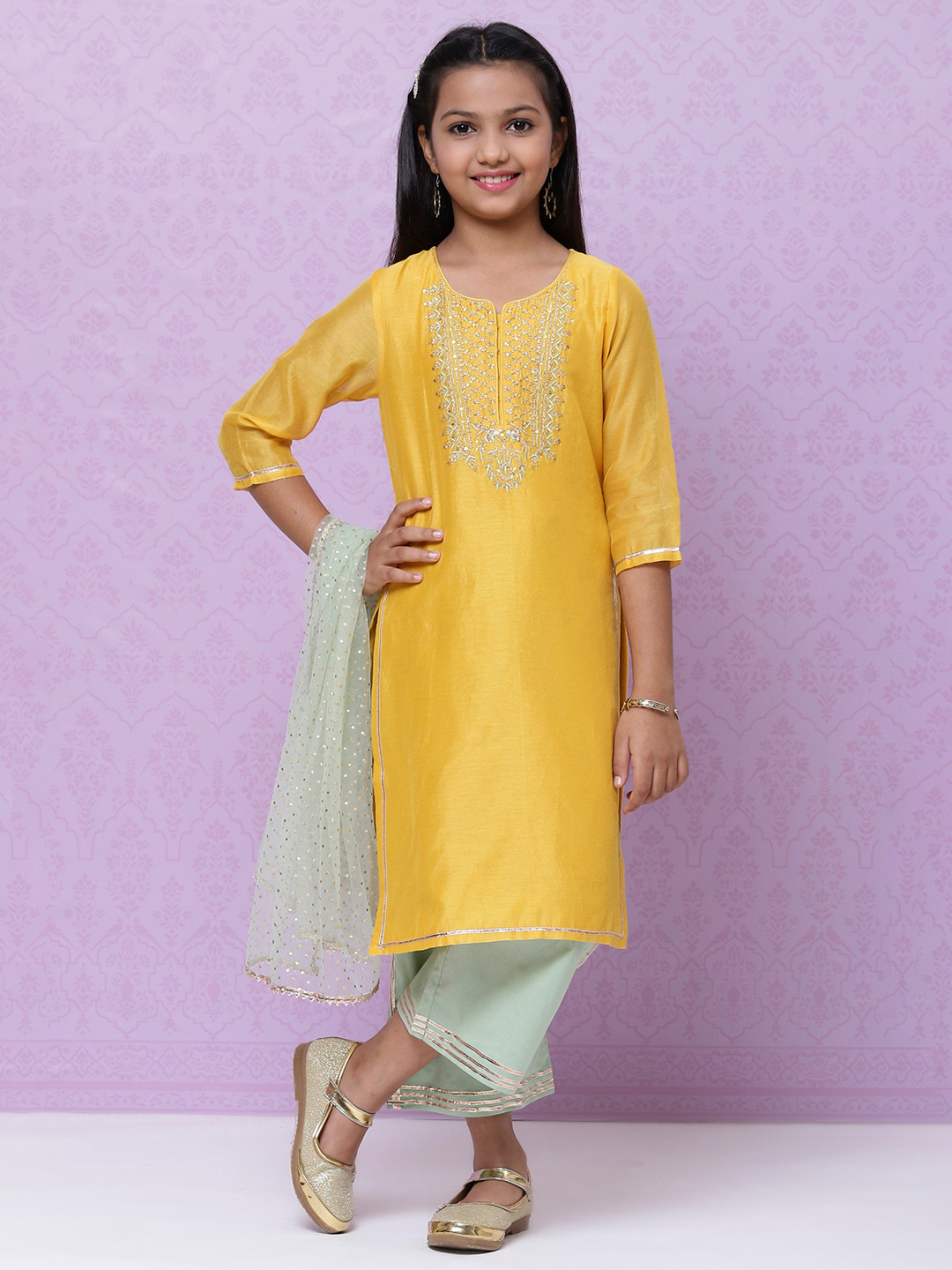 Biba Girls Mustard Yellow & Gold Sequin Yoke Design Straight Kurta with Palazzos & Dupatta
