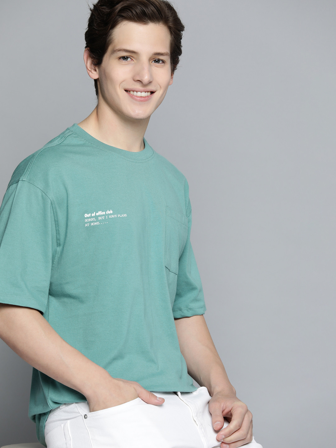 M&H Easy Men Sea Green  Cotton Drop-Shoulder Sleeves Relaxed Fit T-shirt with Pocket