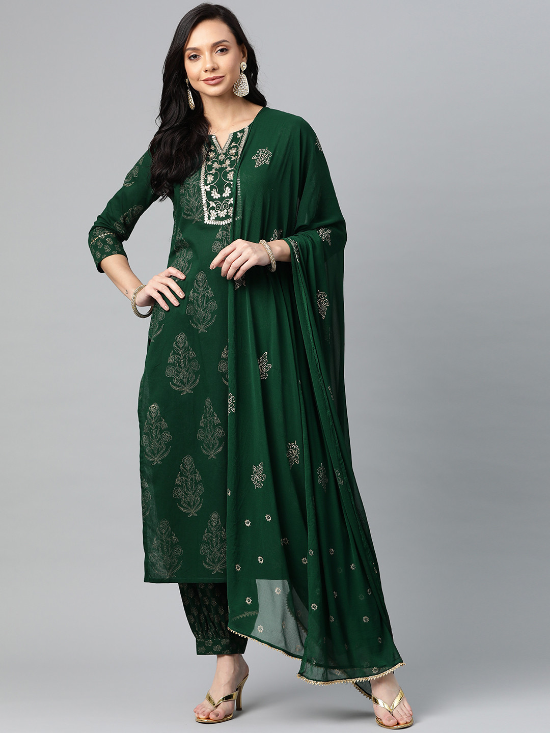 AHIKA Women Green & Gold Ethnic Print Sequin Detail Cotton Kurta with Trousers & Dupatta