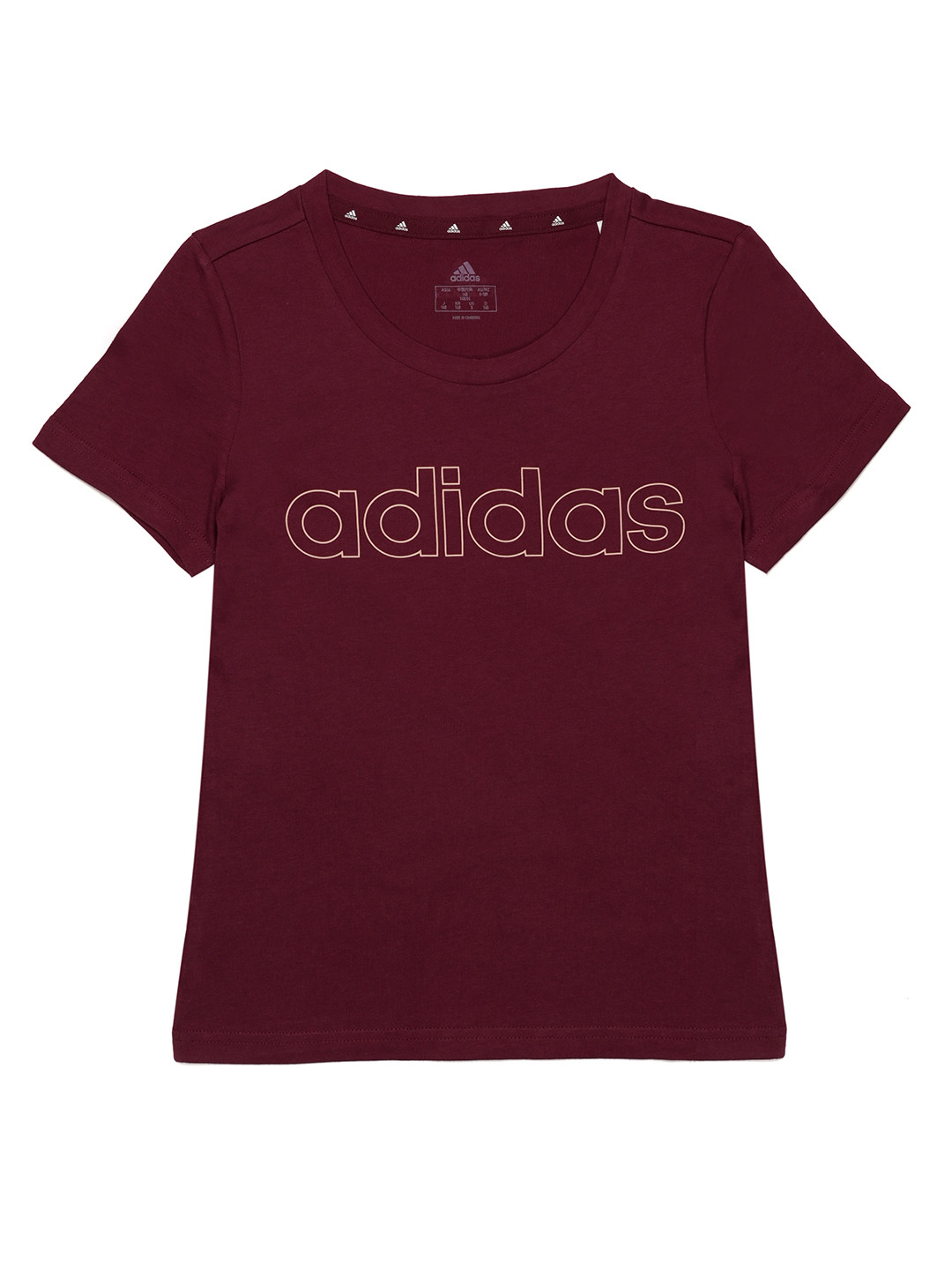 ADIDAS Girls Burgundy Lin Essentials Brand Logo Print Applique Cotton Regular Fit Sustainable T-shirt