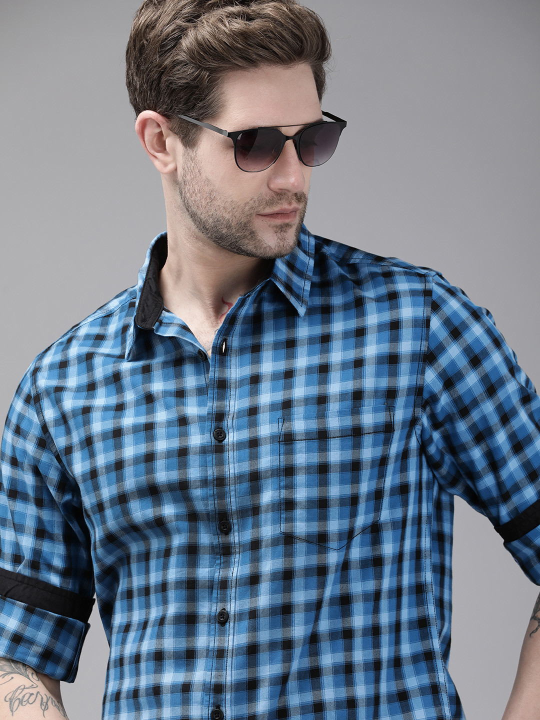 Roadster Men Blue Gingham Checked Opaque Casual Shirt