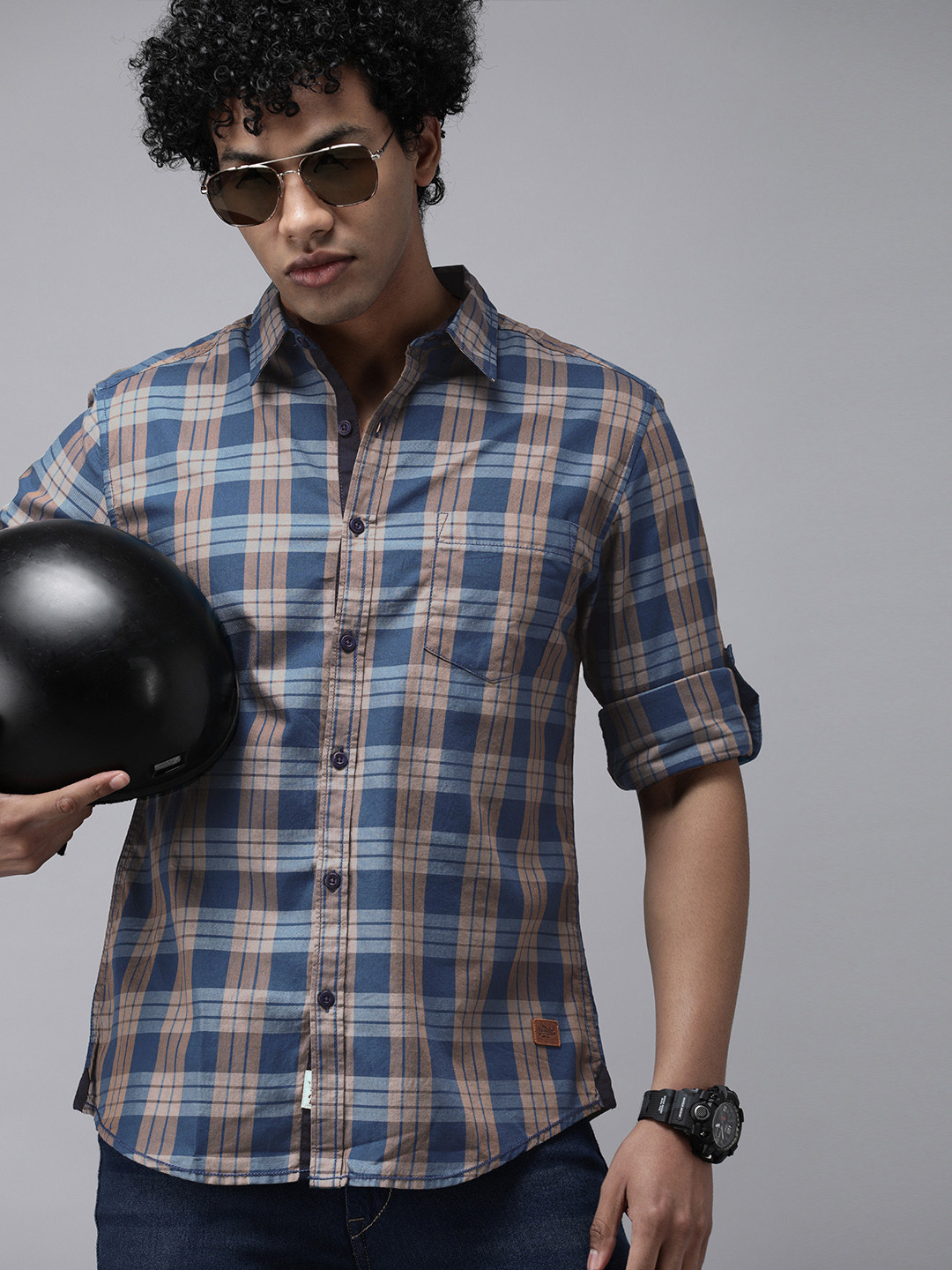 Roadster Men Blue And Grey Tartan Checked Slim Fit Pure Cotton Casual Shirt