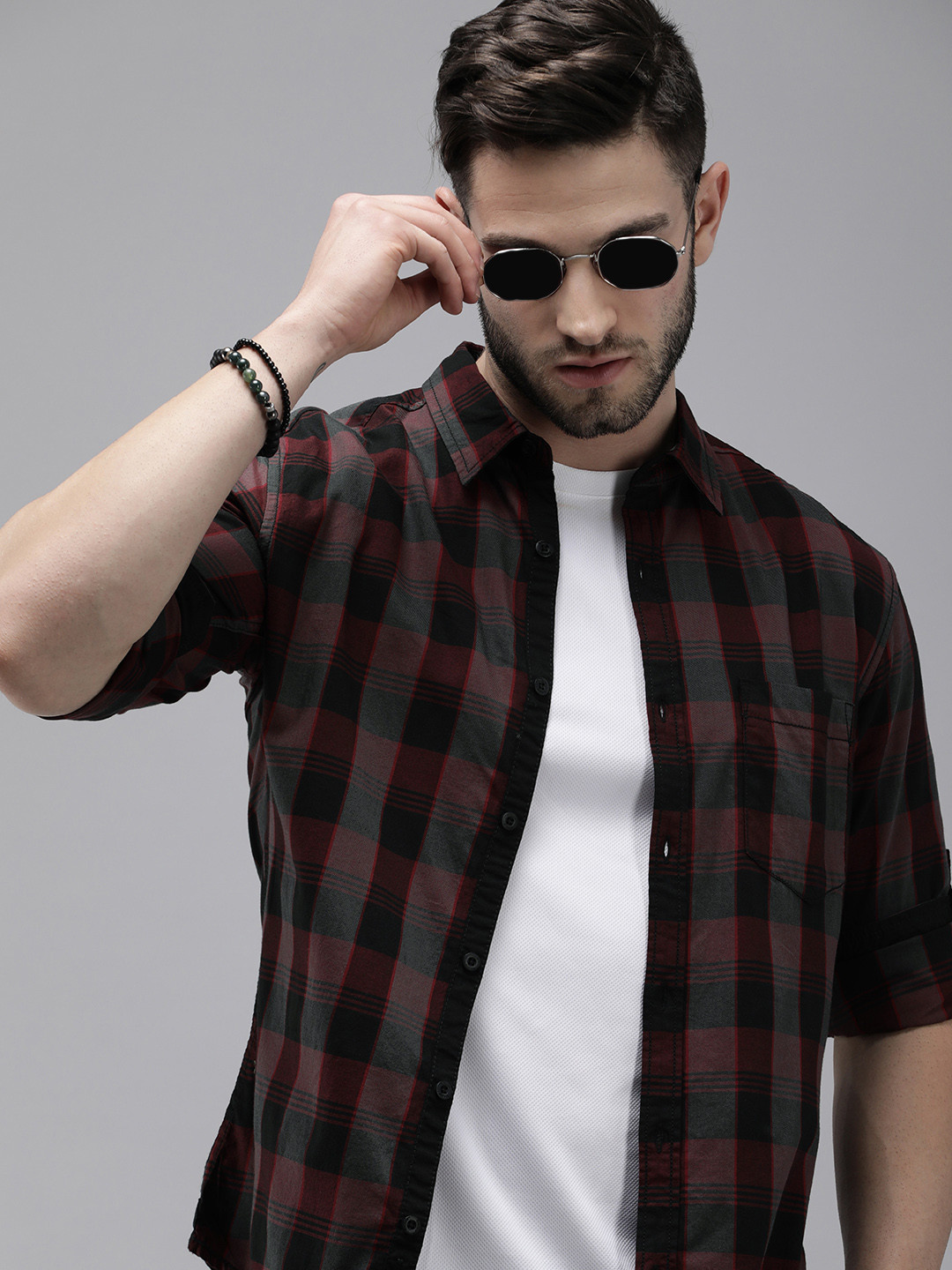 Roadster Men Maroon & Grey Checked Slim Fit Pure Cotton Casual Shirt
