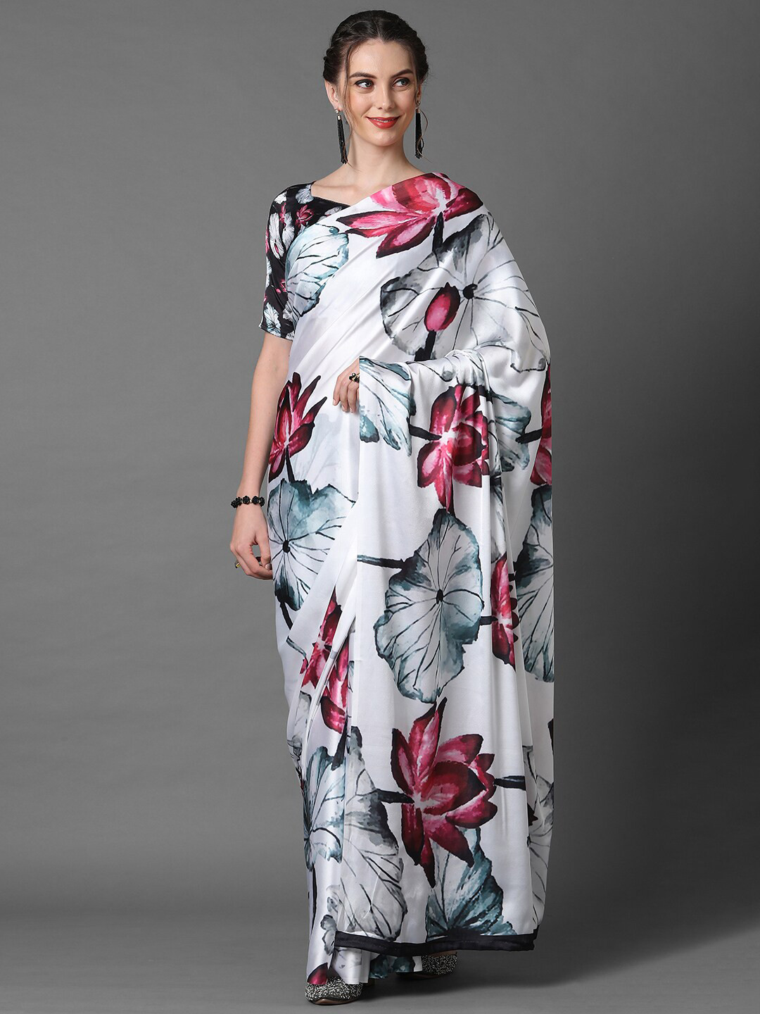 Mitera Off White & Red Floral Saree