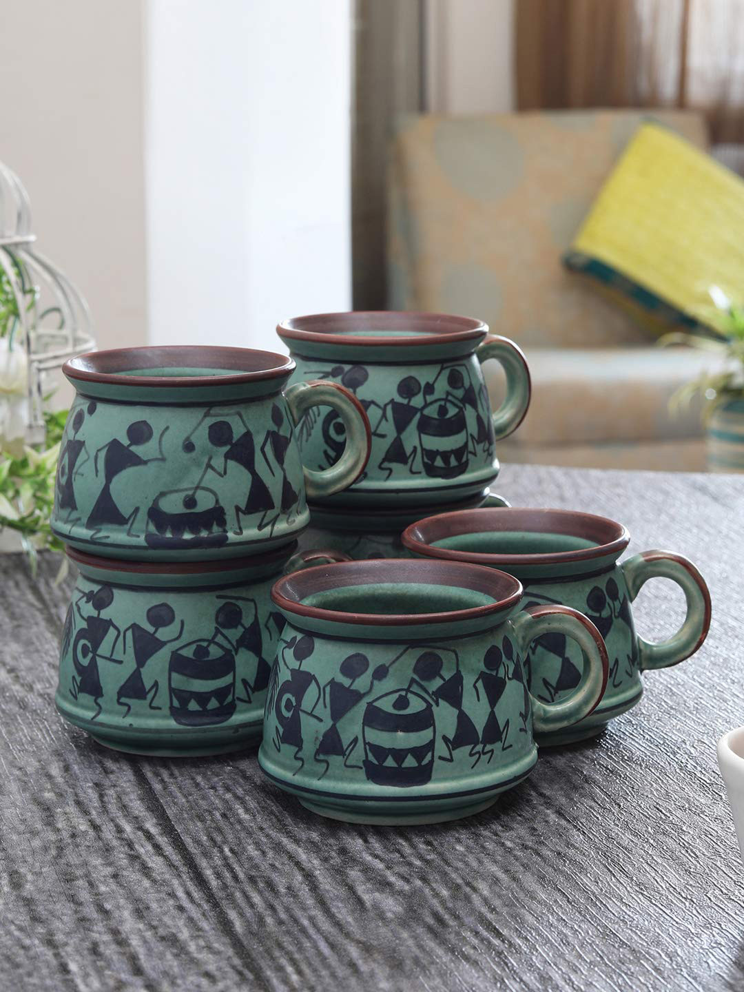 MIAH Decor Green Ethnic Motifs Ceramic Hand-Painted 4 Piece Mugs-220ml