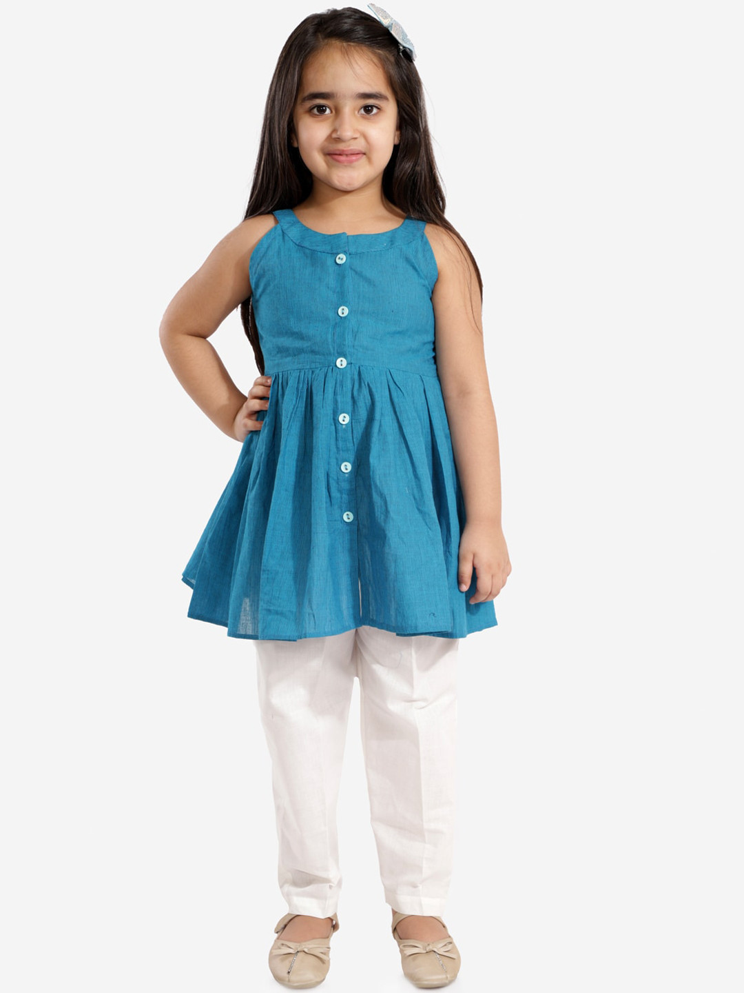 VASTRAMAY Girls Blue Pure Cotton Kurti with Trousers