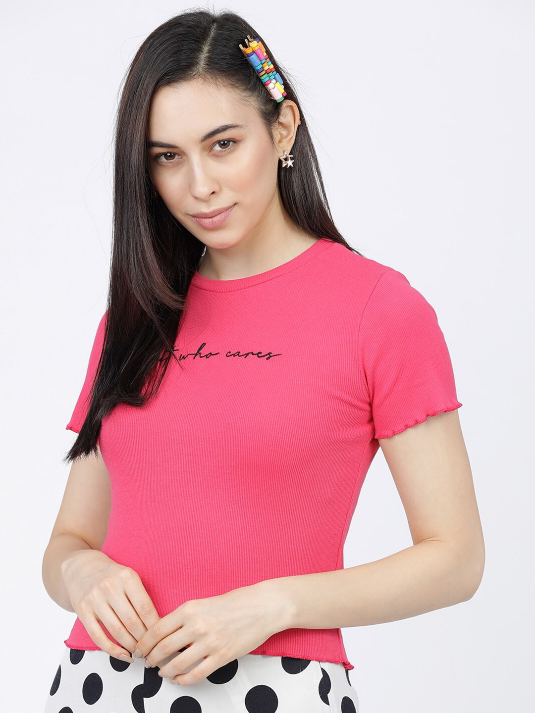 Tokyo Talkies Women Pink & Black Typography Printed Lettuce Edge Top