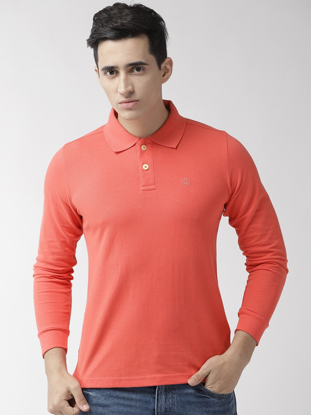 CHKOKKO Men Peach-Coloured Solid Polo Collar T-shirt