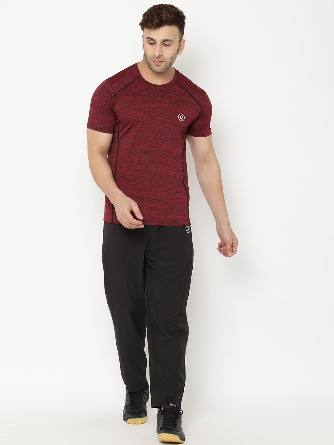 CHKOKKO Men Maroon & Black Self Design Tracksuit