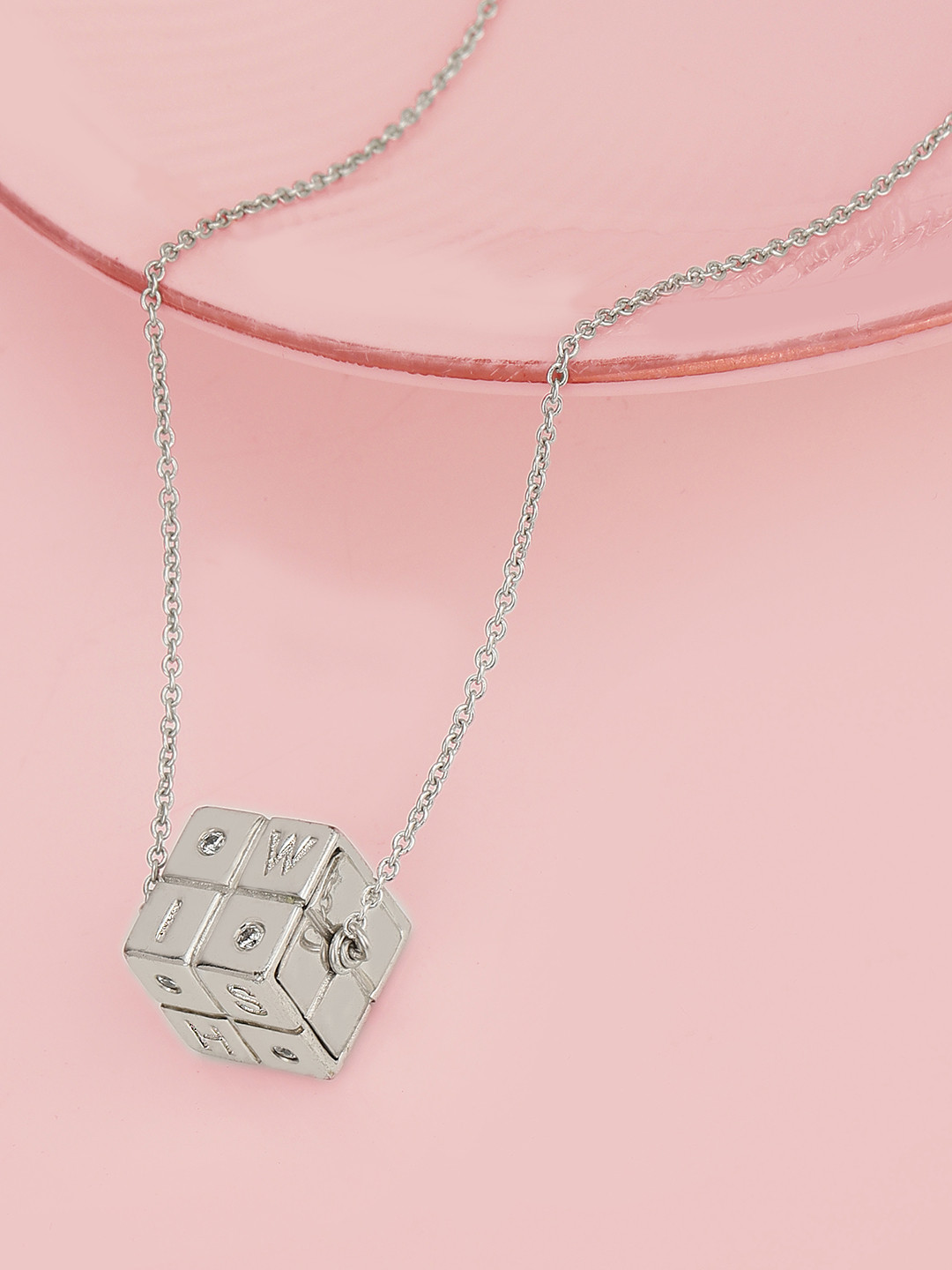 Carlton London Silver-Toned Rhodium-Plated Stone Studded Dice Textured Link Chain