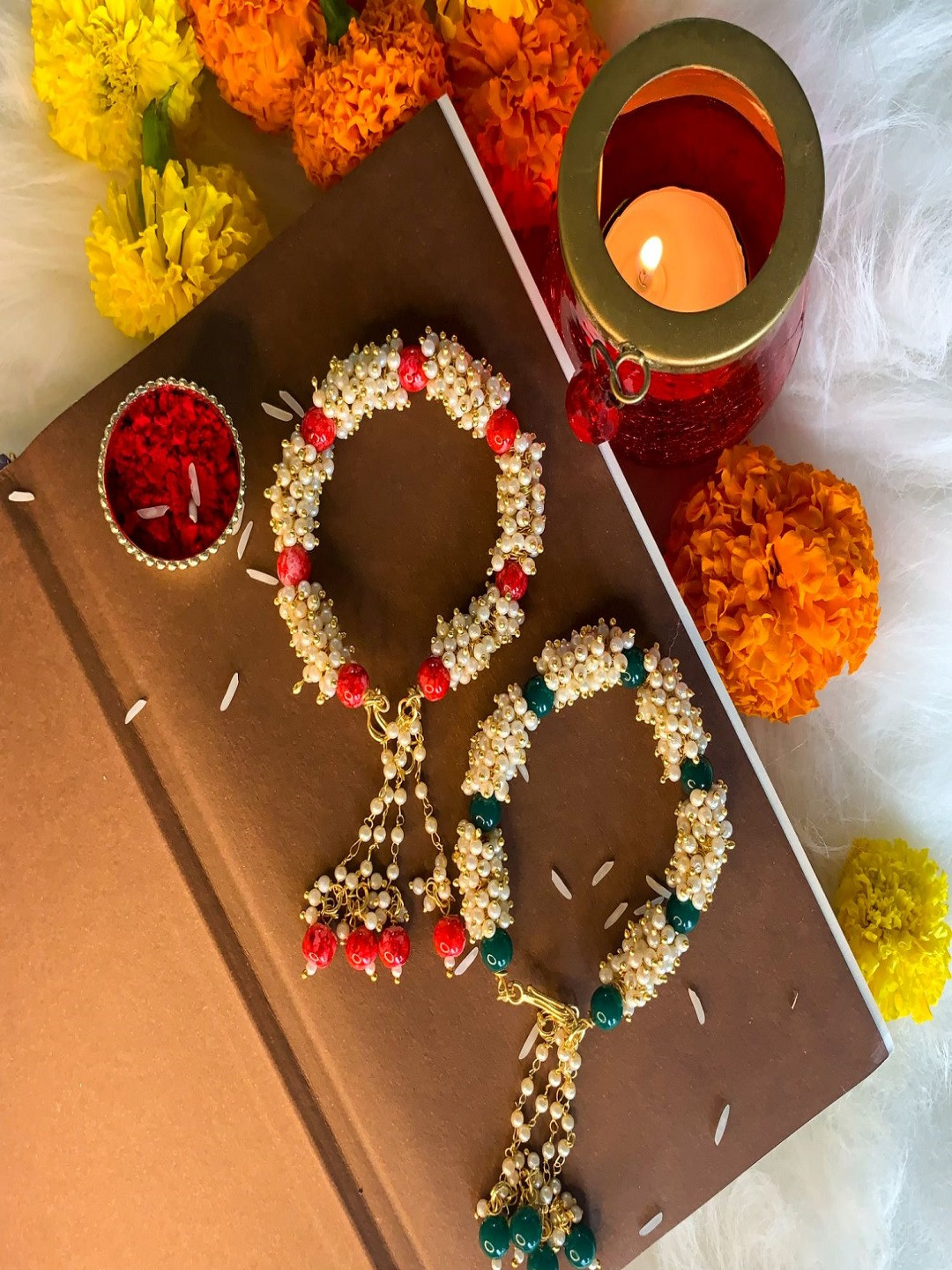 I Jewels Pack of 2 Pearl Studded & Beaded Bhabhi Rakhi Combo