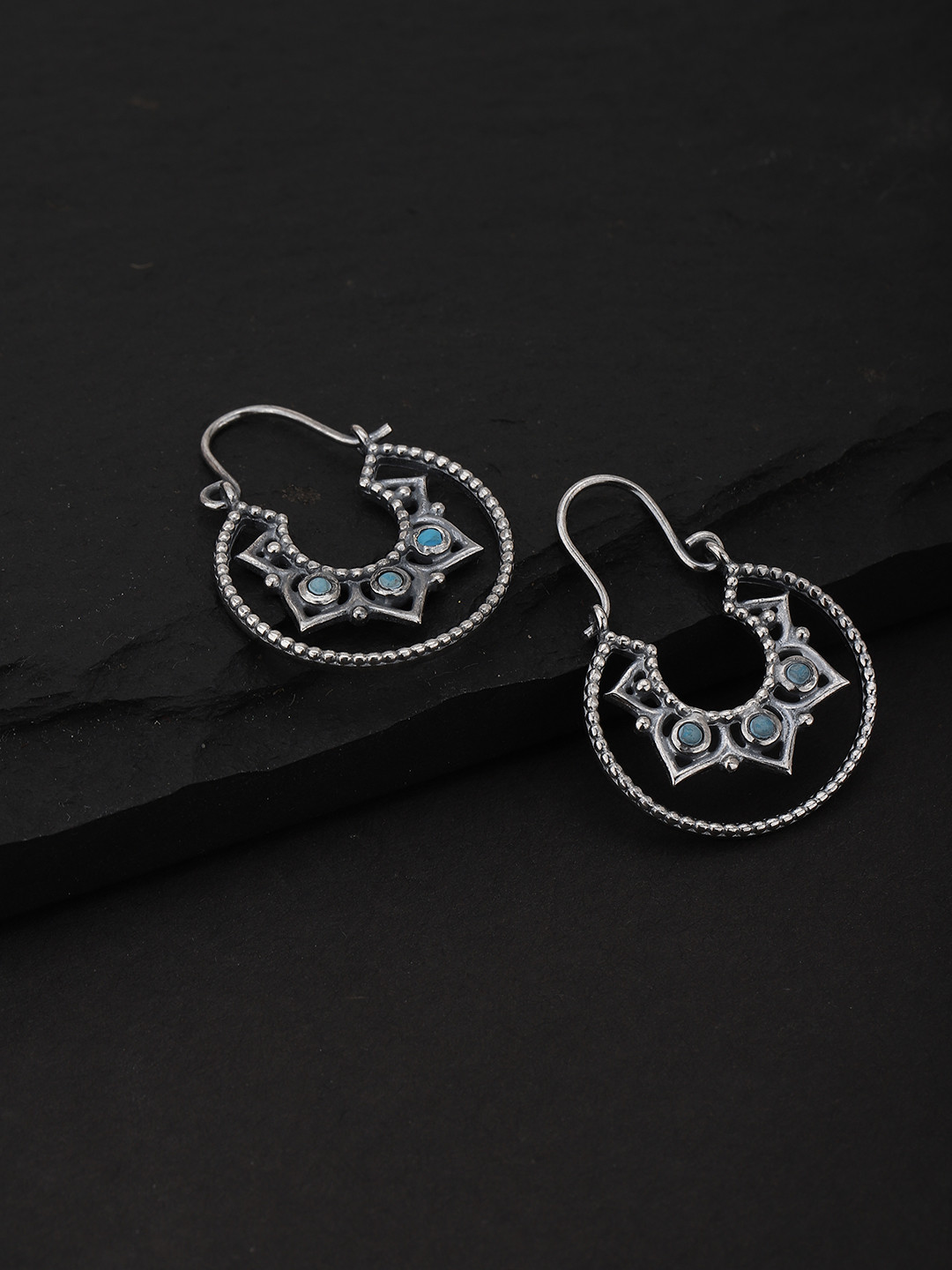 Carlton London Blue & Silver-Toned Rhodium-Plated Beaded Shaped Drop Earrings