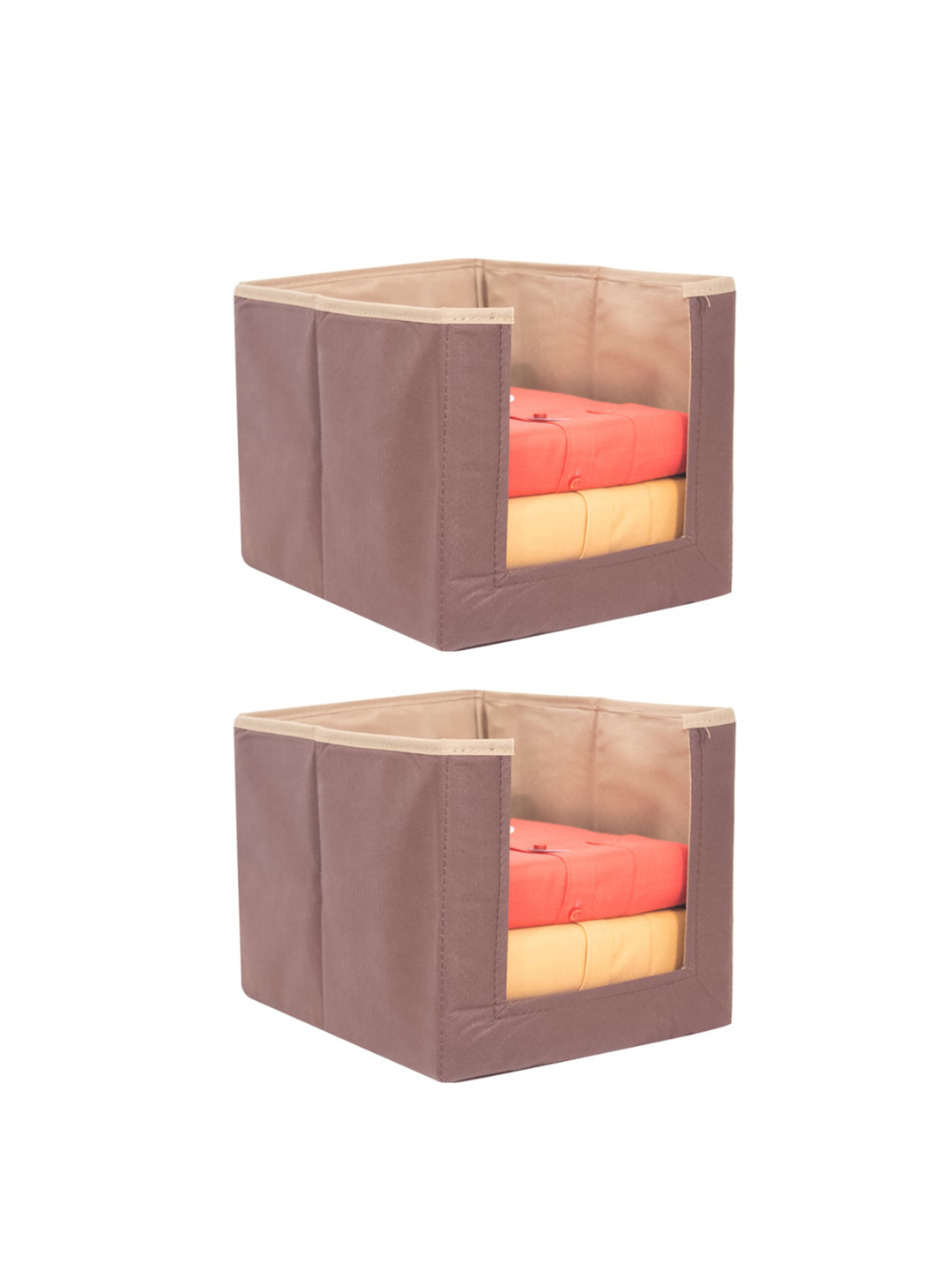 prettykrafts Set Of 2 Beige & Brown Solid Shirt Stacker Wardrobe Organizers