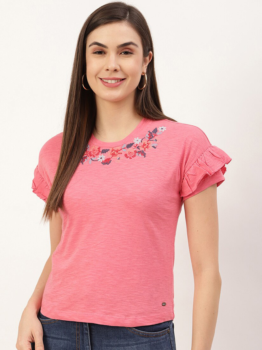 ELLE Women Floral Embroidered Pink T-shirt