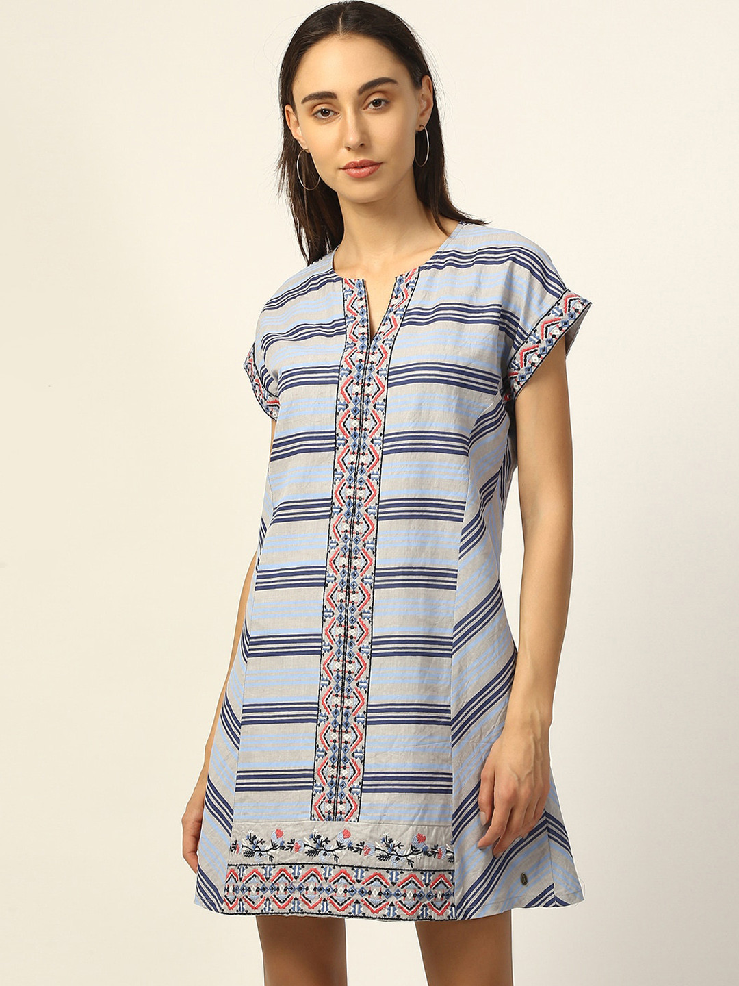 ELLE Blue Women Blue Striped Extented Sleeves A-Line Dress