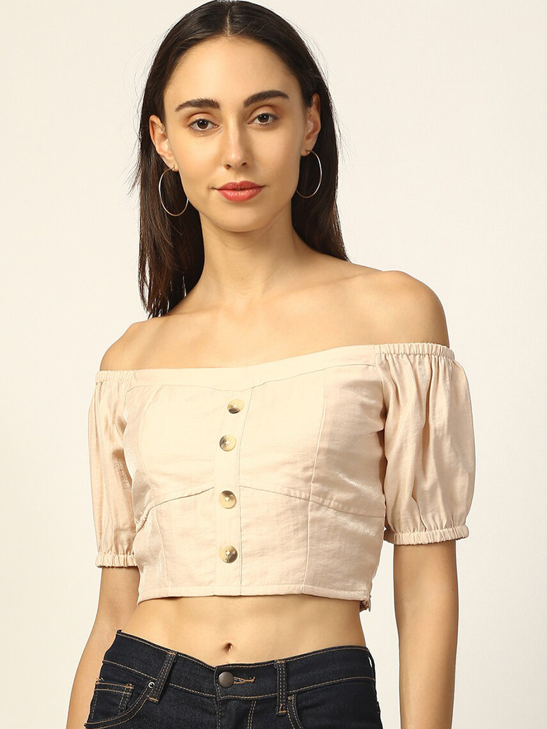 ZOELLA Women Beige Off-Shoulder Puff Sleeve Bardot Crop Top