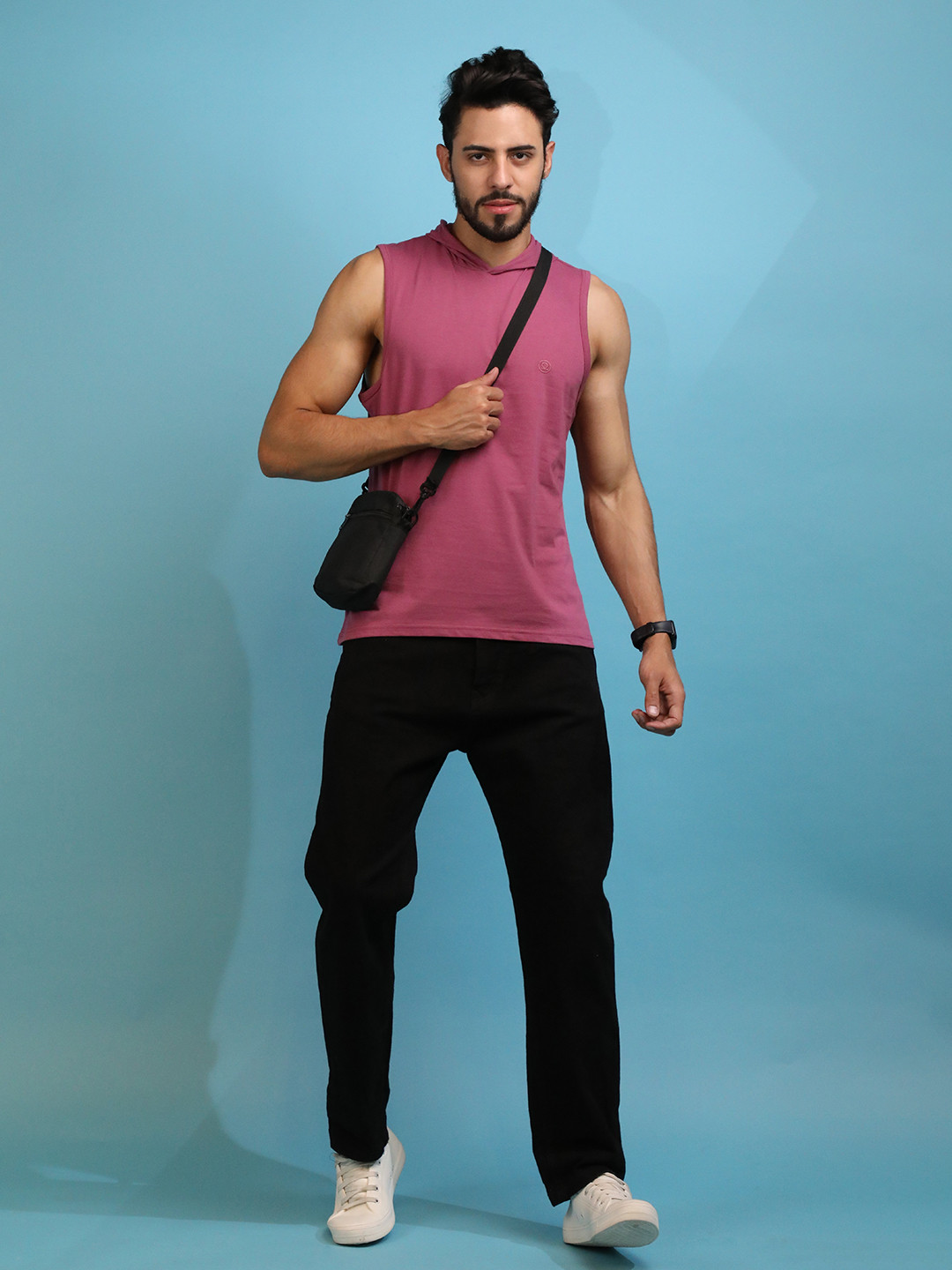 CHKOKKO Men Onion Pink solid Hooded Neck T-shirt