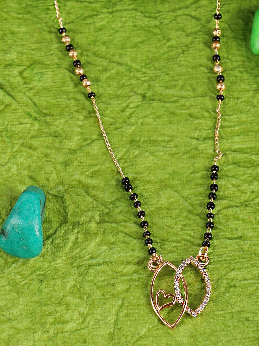 ANIKAS CREATION Designer Gold-Plated & Black Beaded Traditional Stone Studded Mangalsutra