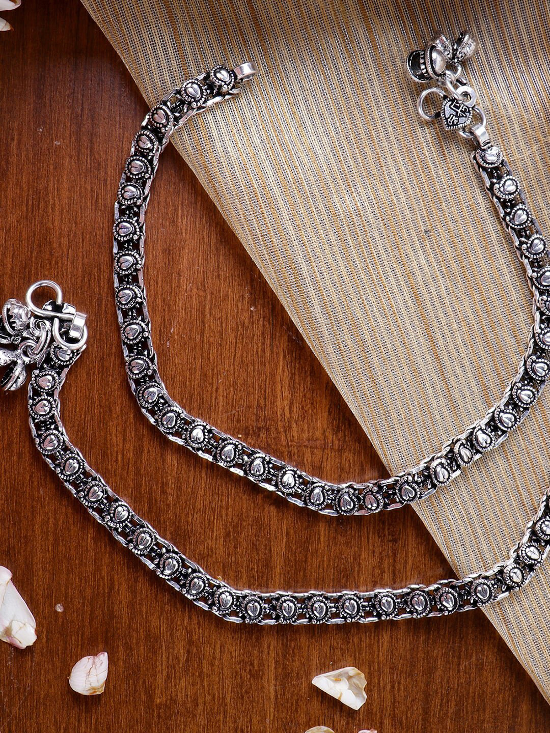 TEEJH Set Of 2 Oxidised Silver-Plated Disha Linked Ghungroo Anklets