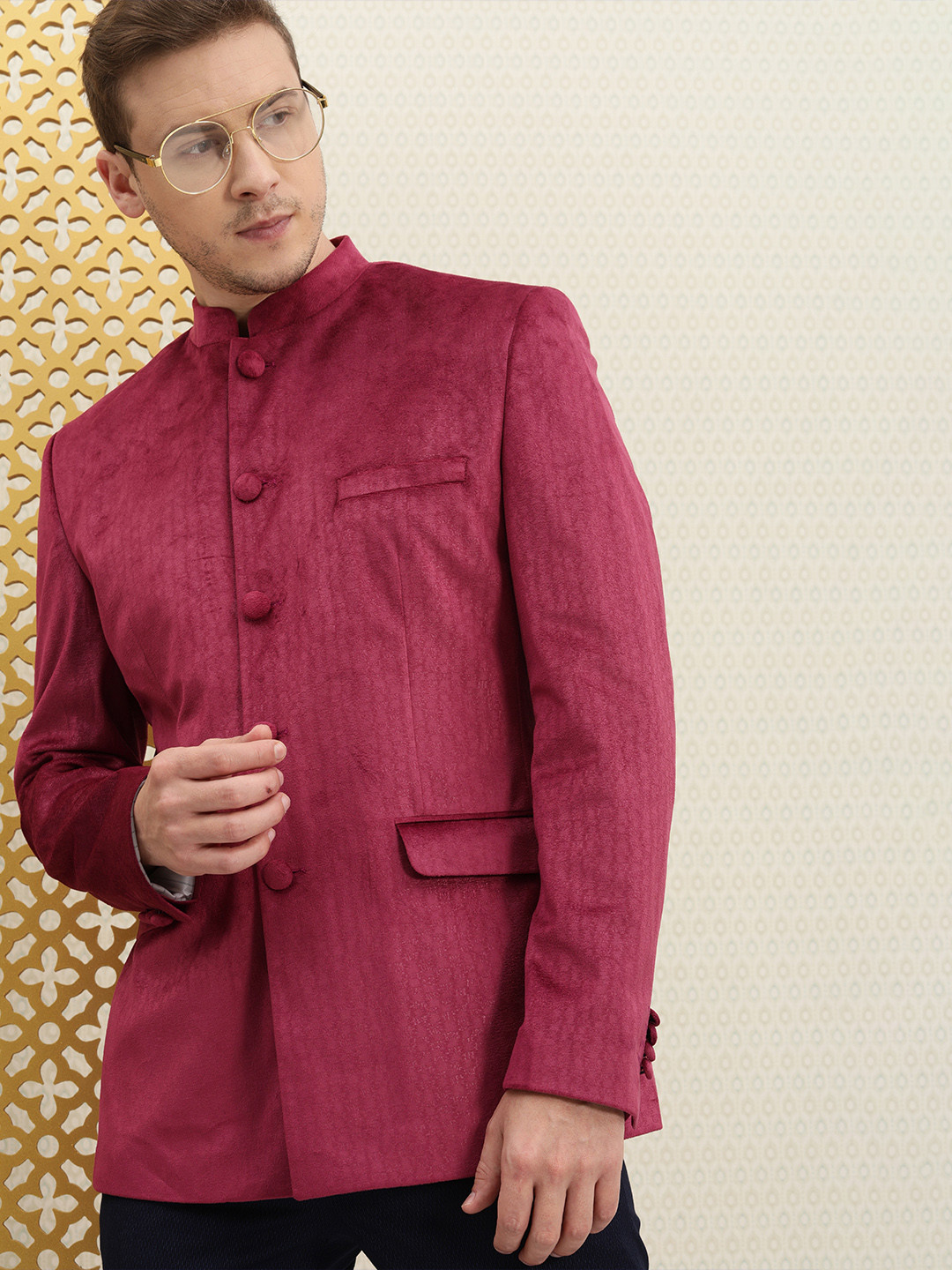 House of Pataudi Men Pink Self Design Bandhgala Jashn Blazer