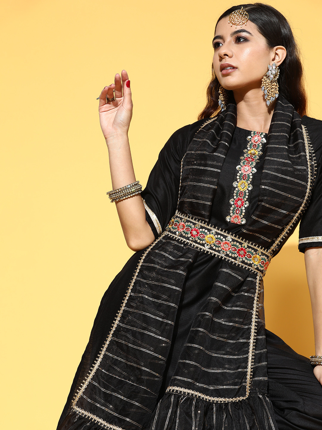 Indo Era Deep Black Yoke Design Kurta with Solid Trousers