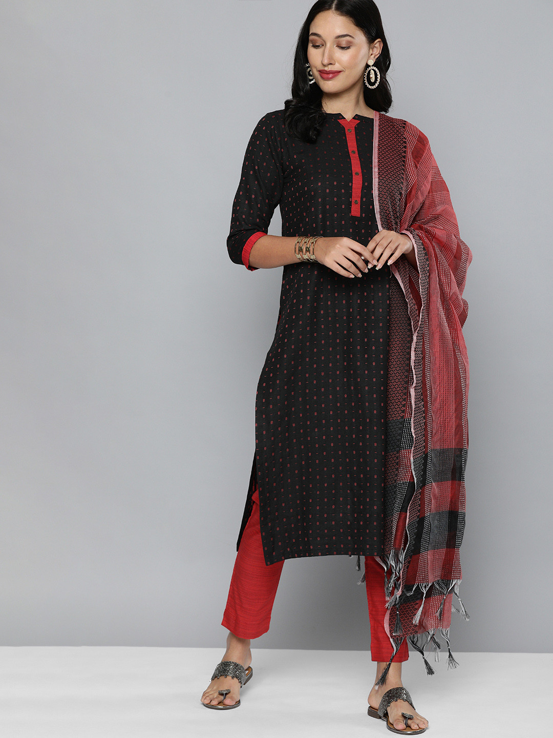 Kvsfab Black & Red Ethnic Motif Patterned Pure Cotton Unstitched Dress Material