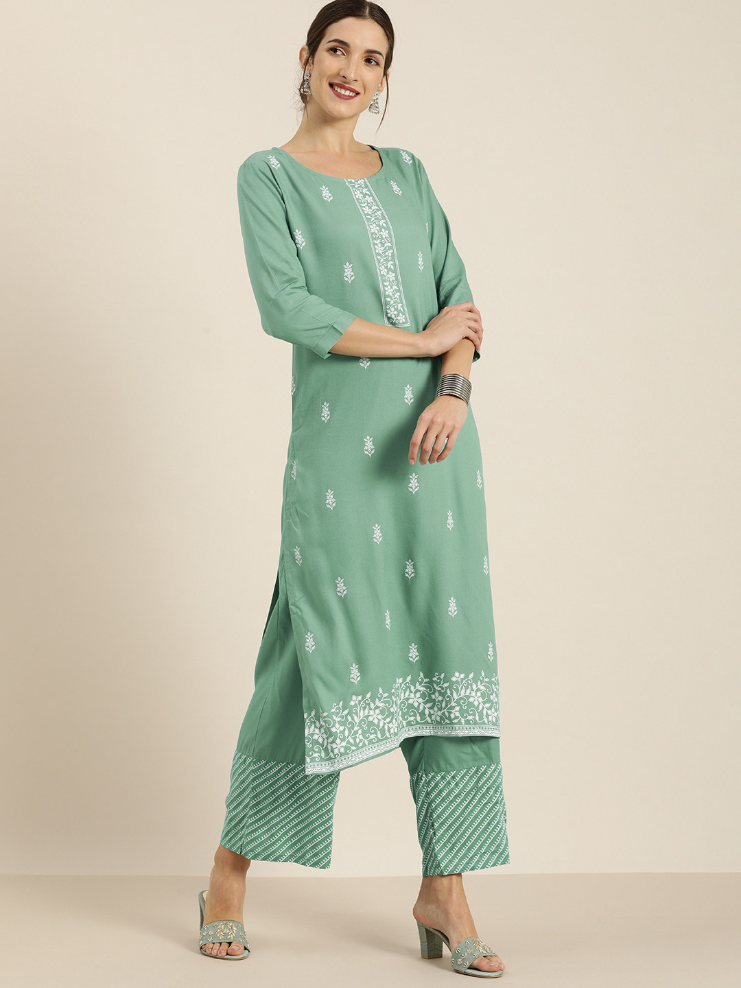 Vishudh Women Sea Green & White Printed Regular Kurta with Palazzos