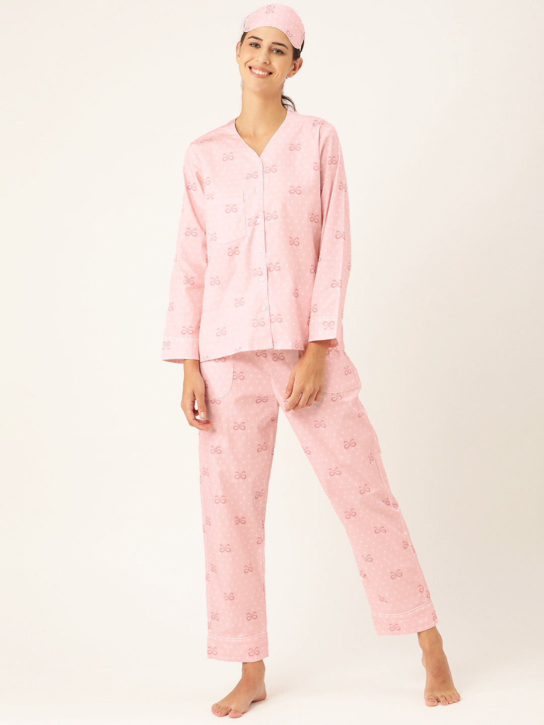 Rapra The Label Women Pink & White Printed Pure Cotton Pyajamas Set with Eye Mask