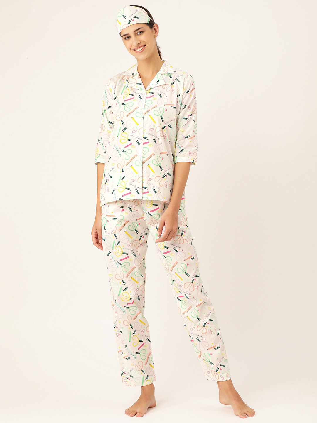 Rapra The Label Women White & Green Printed Pure Cotton Pyajamas Set with Eye Mask