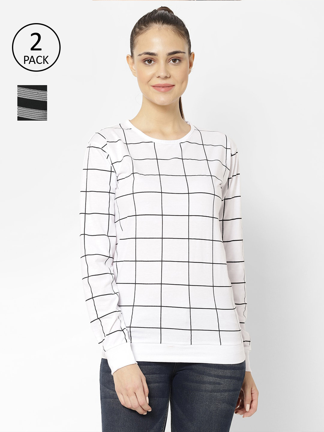 MACK JONNEY Women White and Black Pack of 2 Long Sleeves T-shirts